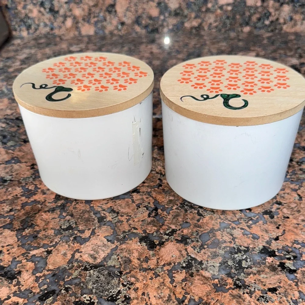 2 White Glass jars Wooden Pumpkin Lids Paw Prints crafting storage fall decor